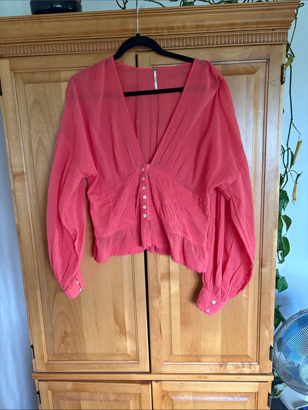 Free People Coral Button-Front V-Neck Peasant Blouse